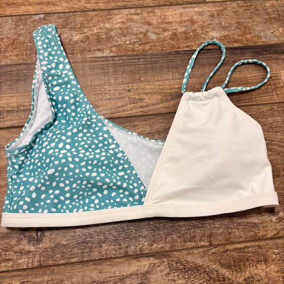 SHEIN Dalmatian White Blue Teal Color Block Medium Strappy Women's Bikini Top - Picture 1 of 2